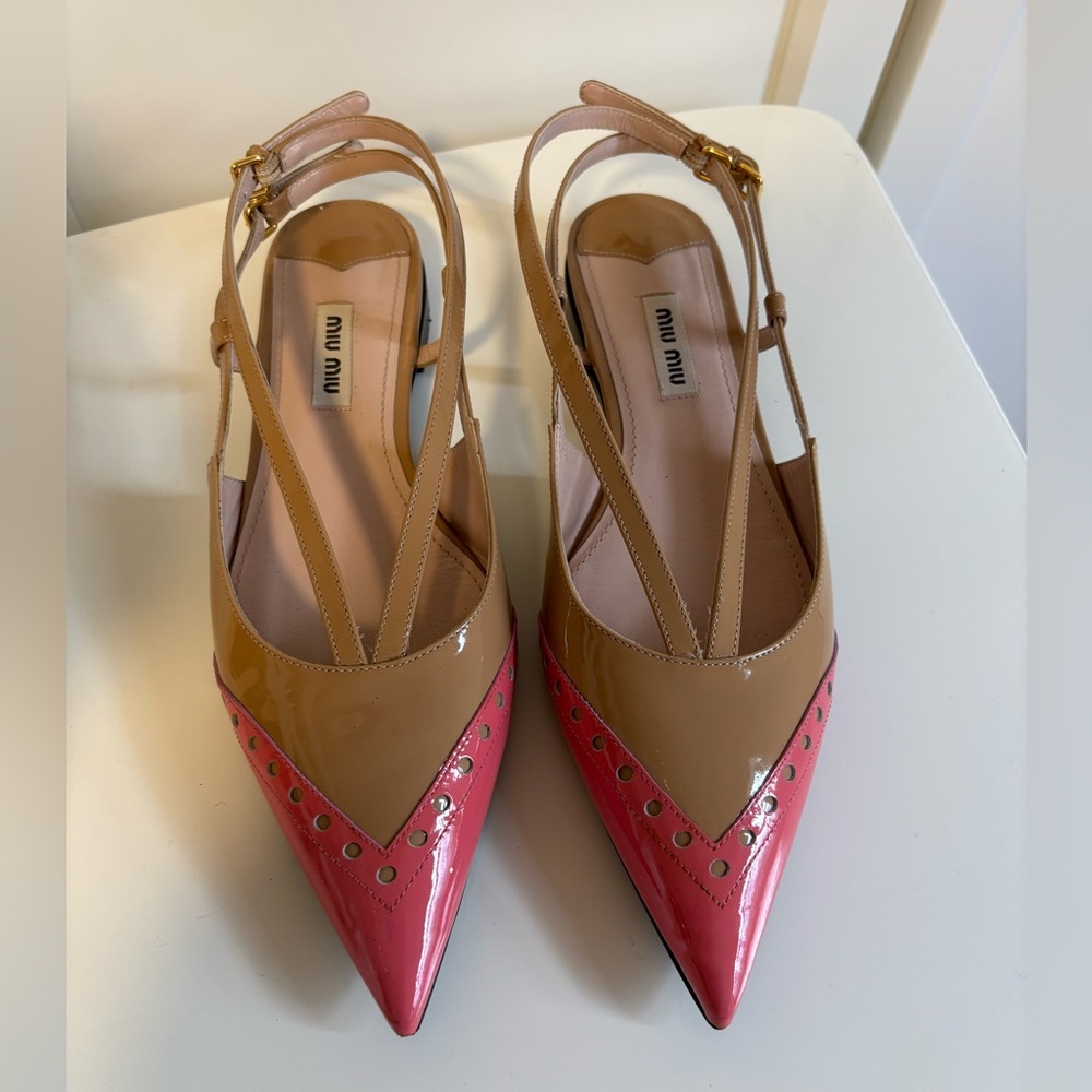 Authentic Miu Miu Pink and Tan patent point flats